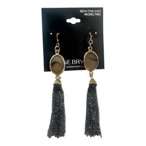 Lane Bryant Black Tassel Earrings – Gold Oval & Chain Fringe, Nickel-Free